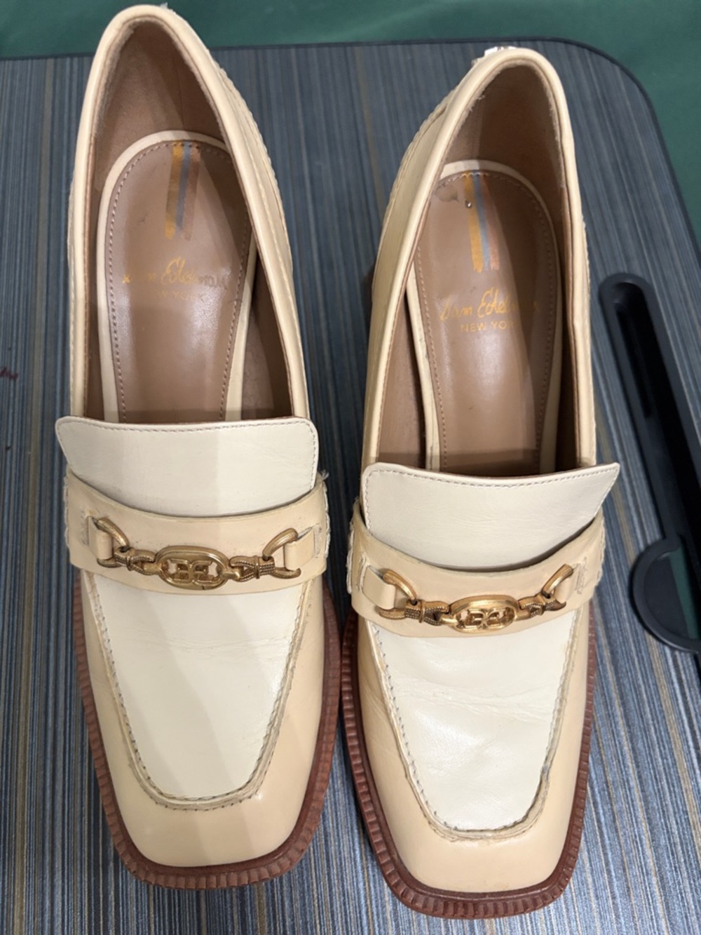 Sam Edelman Cream Leather Loafers with Gold Bit Detail